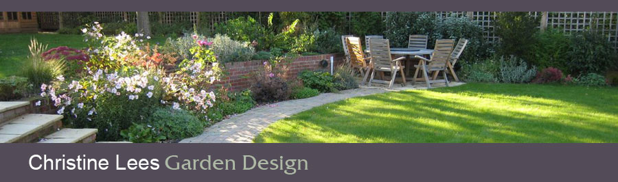 Patio surrounded by lawns and attractive planting.
Design for a garden in Hertfordshire
