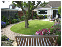The same view after design, landscaping and planting. Design for small garden in Bedfordshire.